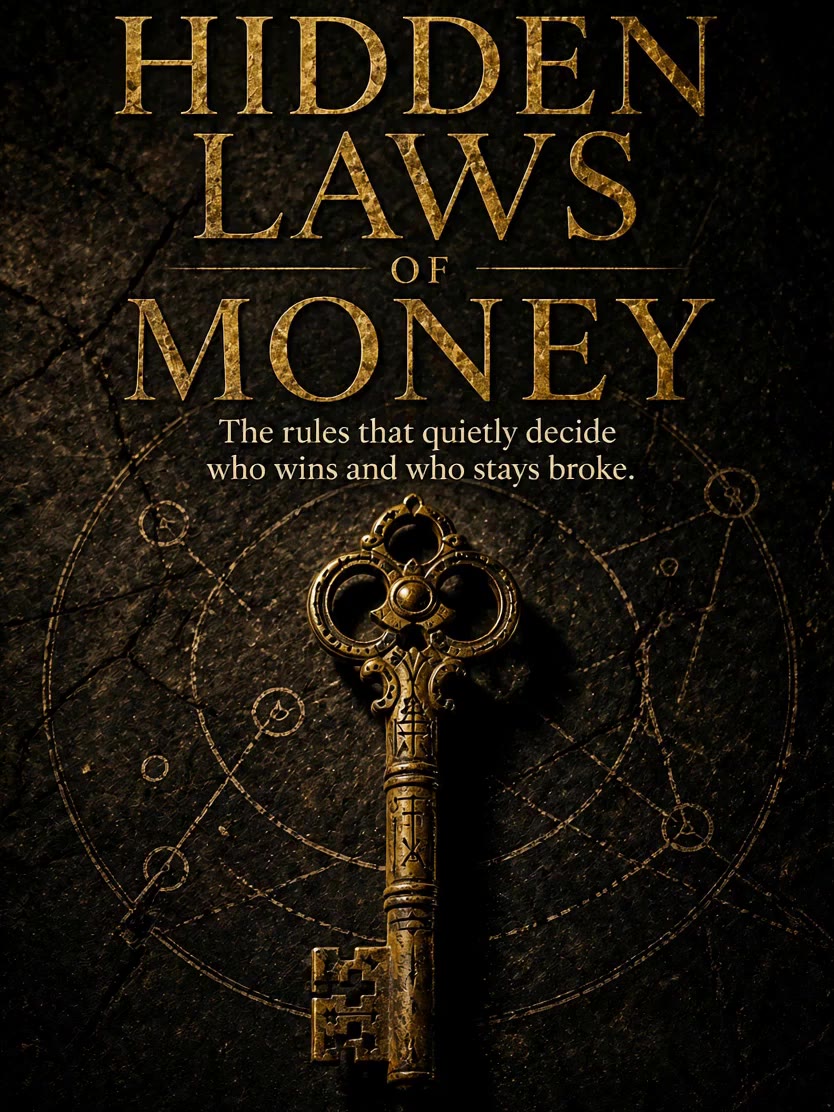 Cover of The Hidden Laws of Money by Eric Coste, an antique brass key on dark engraved stone